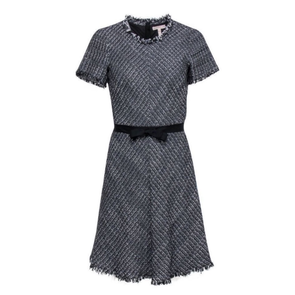Rebecca Taylor ||‎ Short Sleeved Tweed Fit Flare Dress Belted Bow Black White 8